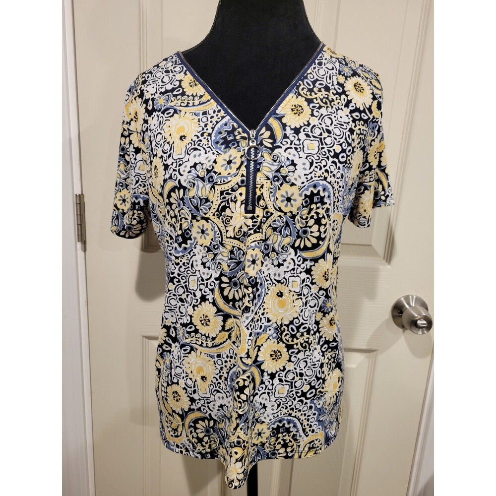 Amana Women's XL Floral Zip-Front V-Neck Top - Navy & Yellow Boho Blouse